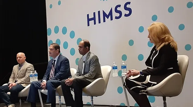 Left to right: Brian Spisak, independent consultant and research associate at National Preparedness Leadership Initiative at Harvard University; Huberto Quintanar, vice president and chief technology officer at Memorial Healthcare System; Suresh Srinivasan, vice president, chief information officer and chief medical information medical officer at UPMC Children's Hospital of Pittsburgh; and Deb Muro, chief information officer at El Camino Health speak at the HIMSS24 conference in Orlando Tuesday.