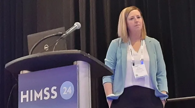 Kelsey Sjaarda, clinical program manager, The Link at Avera McKennan Hospital and University Health Center, speaks Tuesday at the HIMSS24 annual conference in Orlando.