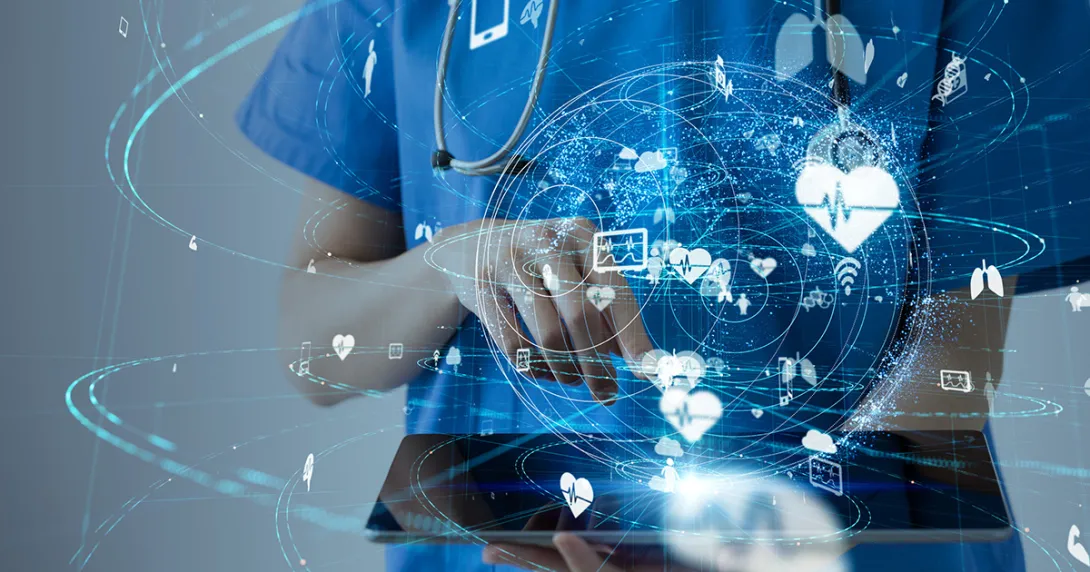 Healthcare worker using tablet with healthcare icons swirling above