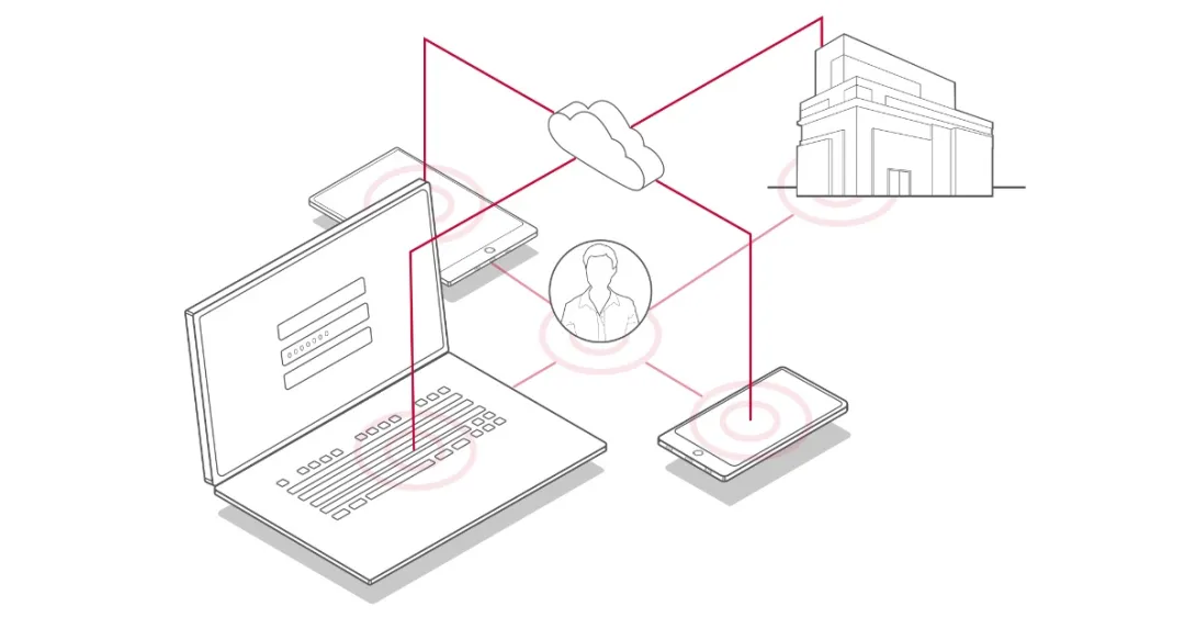 Cloud and person icons connected to laptop, smart devices, and hospital Cloud and person icons connected to laptop, smart devices, and hospital