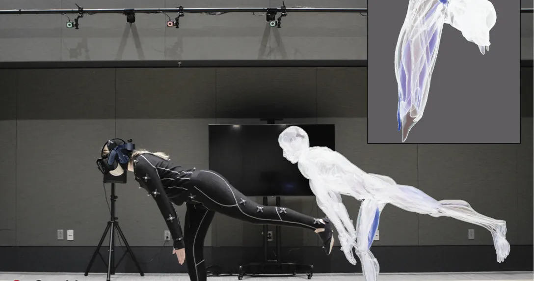 Person in covering suit with electrodes poses, with a duplicate image of the figure nearby