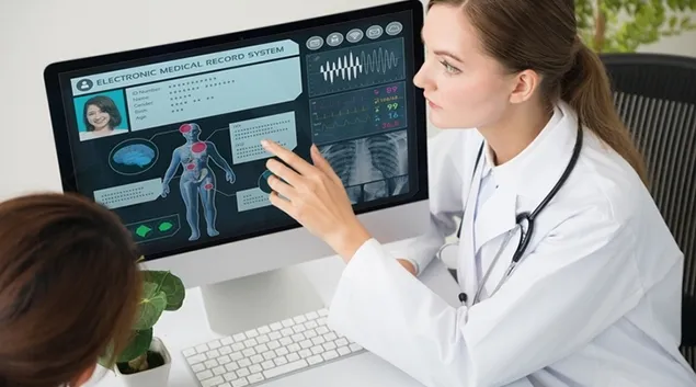 Doctor pointing to electronic medical record on a screen
