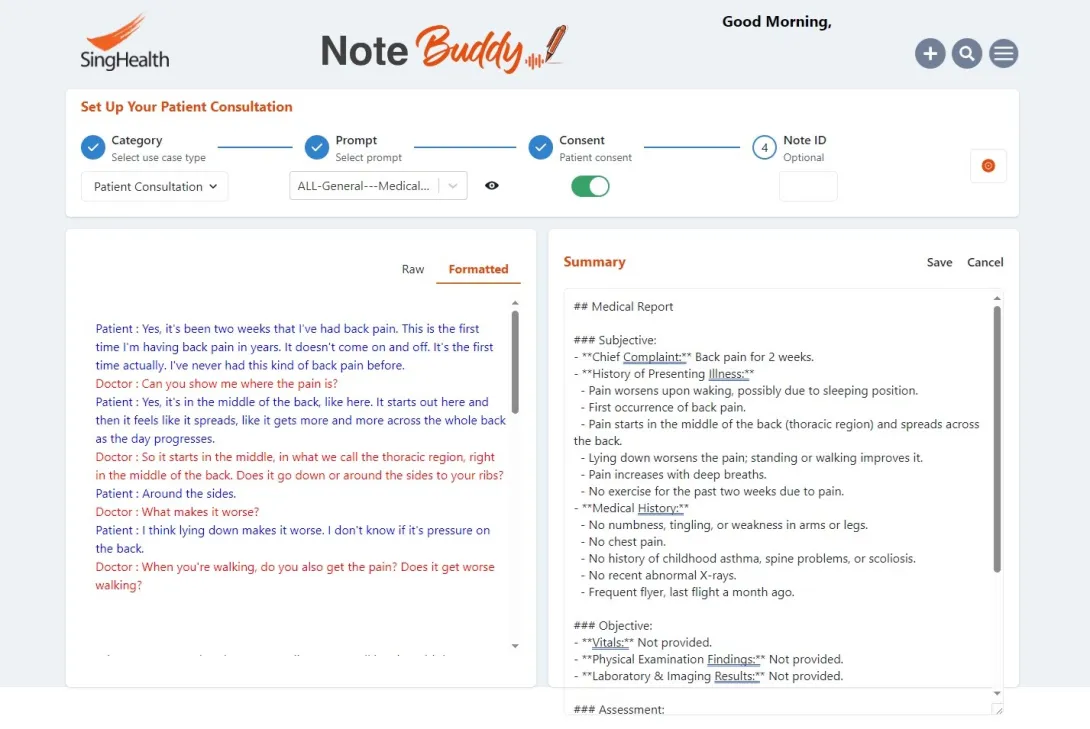 A screenshot of a transcription and medical summary on Note Buddy. A screenshot of a transcription and medical summary on Note Buddy.
