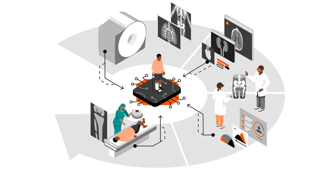 Illustration of medical processes centered on patient standing on a computer chip