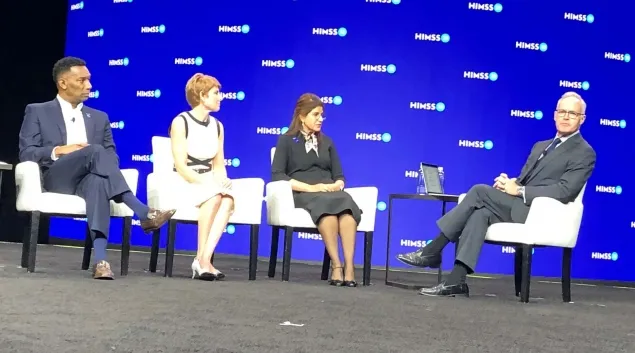 60 Minutes correspondent Scott Pelley, right, and a panel of healthcare experts addressed workforce challenges at HIMSS22 on Tuesday. Panelists included, from left, Johnny Taylor, Diane Swonk and Dr. Tamara Sunbul.