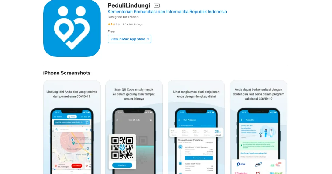 A screenshot of the Peduli Lindungi on the Apple app store