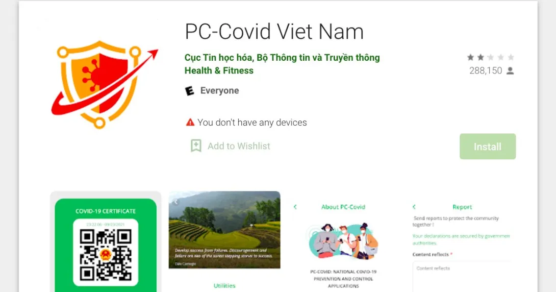 Screenshot of the PC-Covid app on Google Play Store