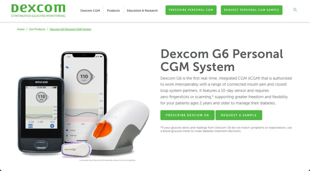 Components of the Dexcom G6 Personal CGM System