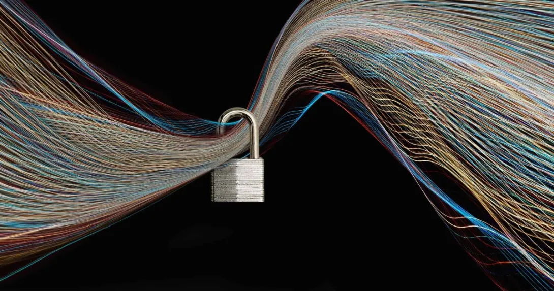 Agency cybersecurity infosec illustrated by many colored streams harnessed by a lock Agency cybersecurity infosec illustrated by many colored streams harnessed by a lock