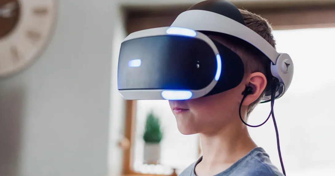 Person wearing VR goggles at doctor's office Person wearing VR goggles at doctor's office