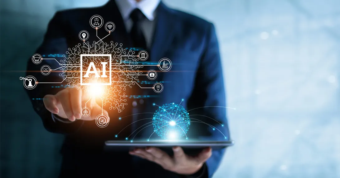 Businessperson with tablet pointing to AI and data graphics