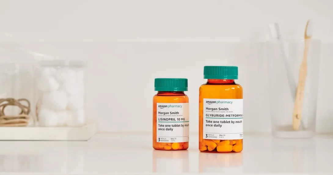 Amazon drug prescription bottles on a table Amazon drug prescription bottles on a table