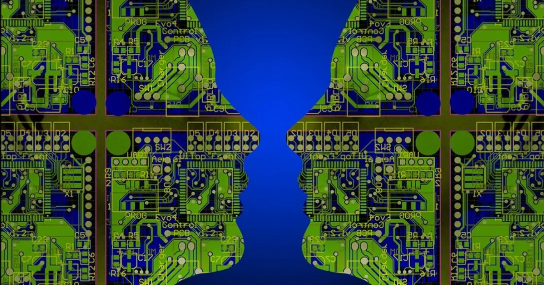 Two faces with computer chips inside look at each other