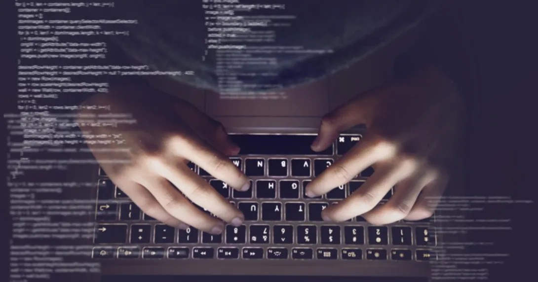 Hands with text scrolling in front