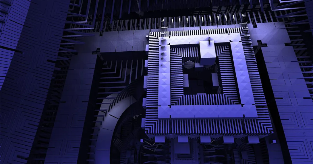 Square quantum computer components in blue. Square quantum computer components in blue.
