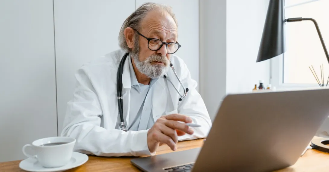 A doctor performing a telehealth consultation
