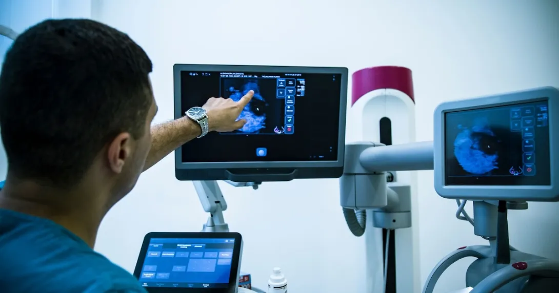 A doctor reviewing a mammogram