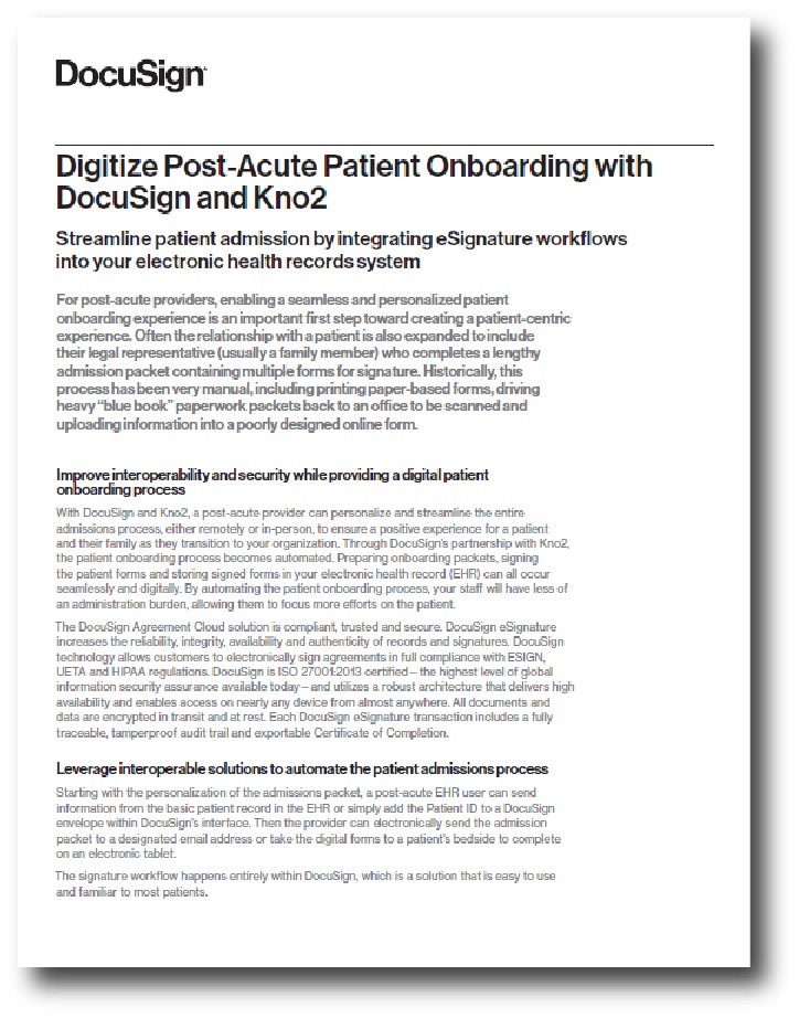 Digitize post-acute patient onboarding with DocuSign and Kno2 