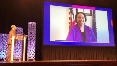 Tom Leary, senior VP of Government Relations at HIMSS, speaks to CMS Administrator Chiquita Brooks-LaSure by video about the link between interoperability and health equity, during HIMSS22.